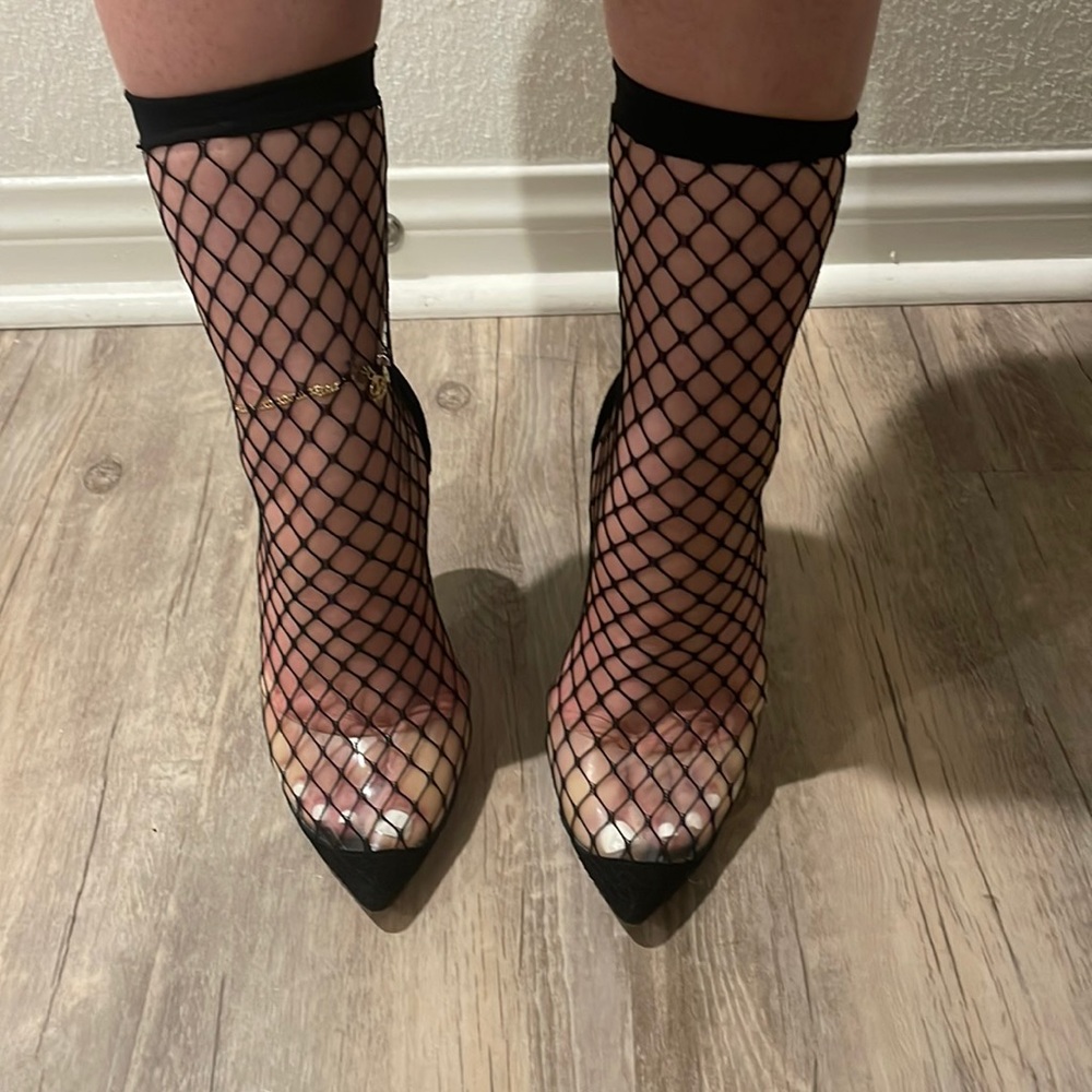 Fishnet sling back heels